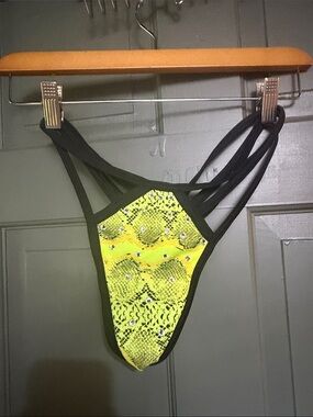 Neon Yellow Snake Print Strappy Thong Bikini Bottom